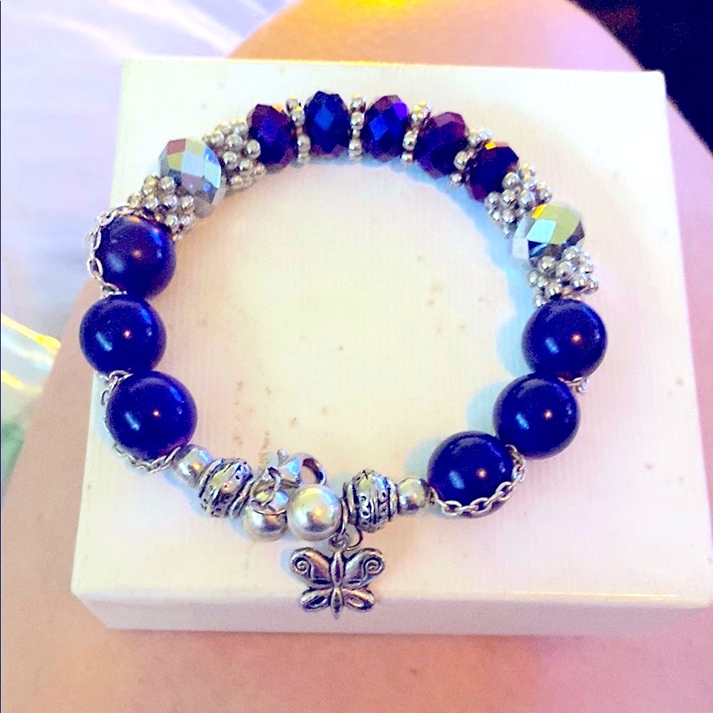 Ornate Purple & Silver Beaded Bracelet with Charm. Handcrafted.